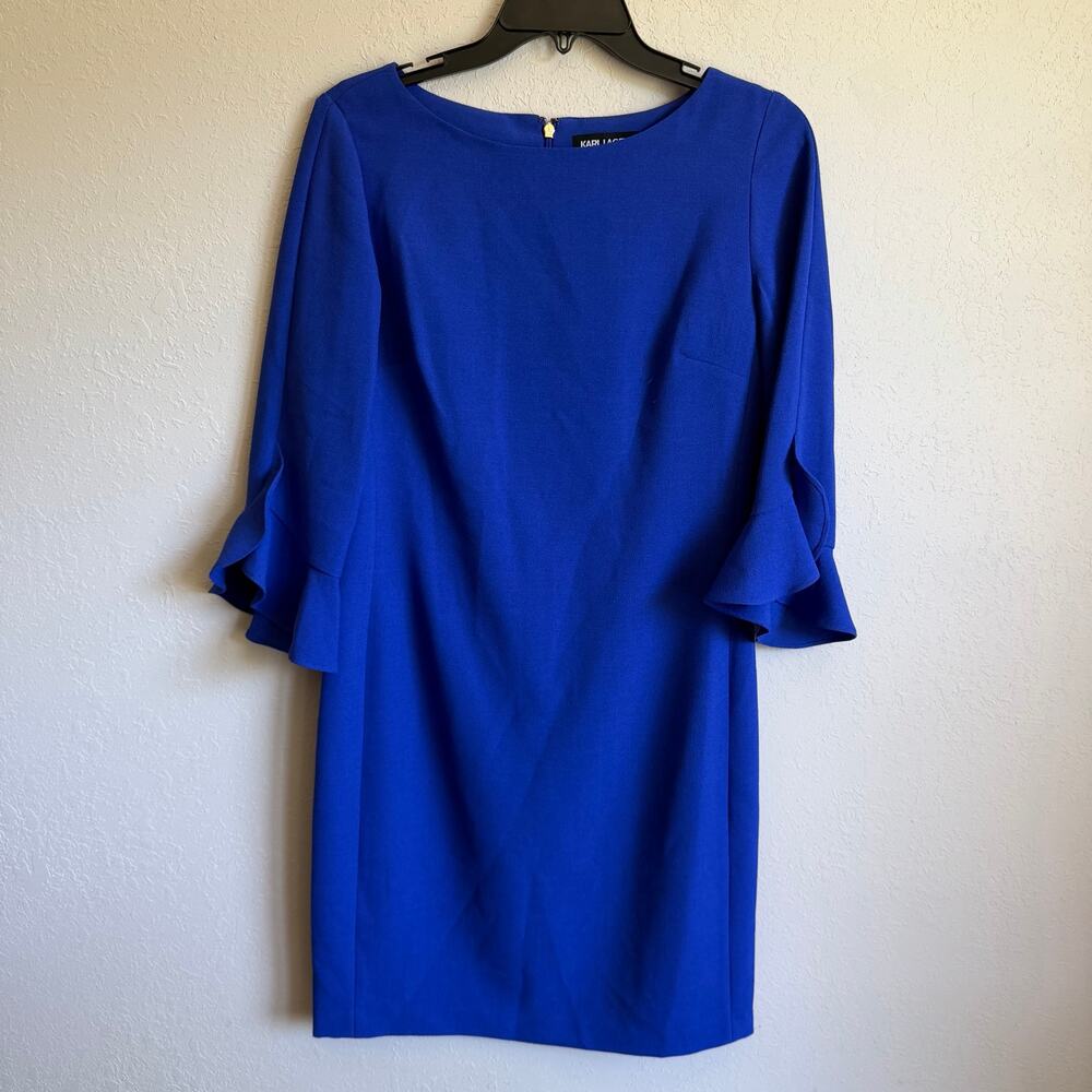 Karl Lagerfeld Royal Blue Ruffle Sleeve Sheath Dress Womens 6 Knee Length Career